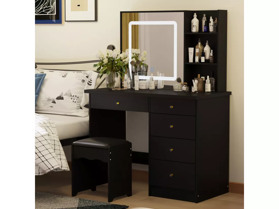 Coiffeuse avec Miroir LED tricolore Compariment ouvert Tabouret 135x100x50cm Noir