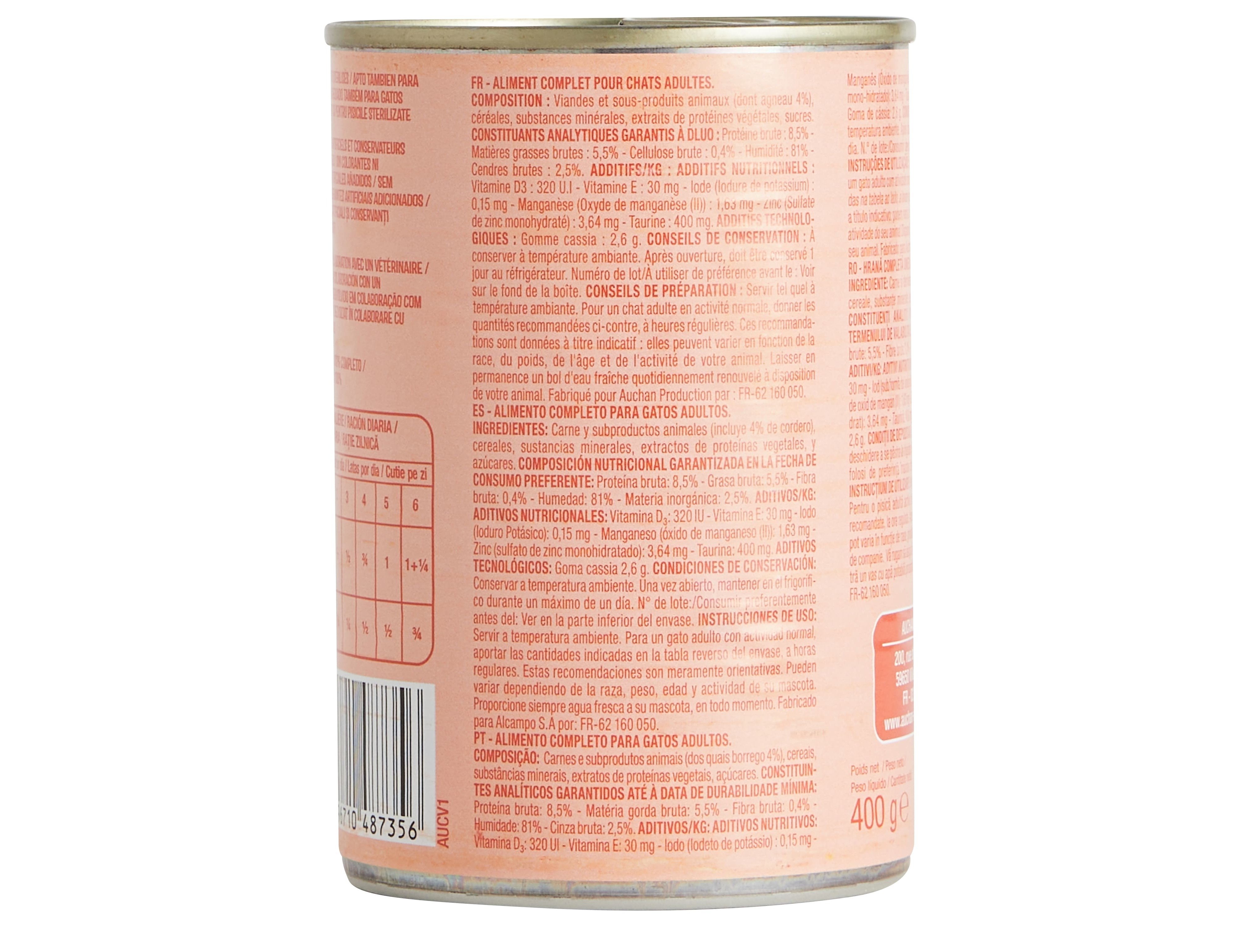 COMIDA HÚMIDA PARA GATO AUCHAN TERRINA BORREGO 400G