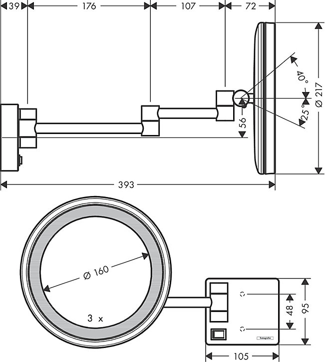 Miroir de salle de bains lumineux LED grossissant, chromé, Hansgrohe