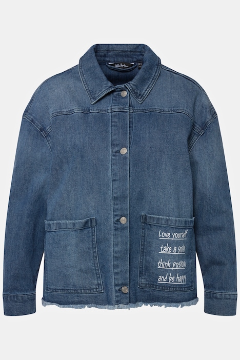 Jeansjacke, Schriftdruck, Oversized, Fransen, Hemdkragen