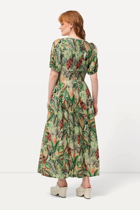 Kleid, Blätter, Leinenmix, Rundhals, Halbarm