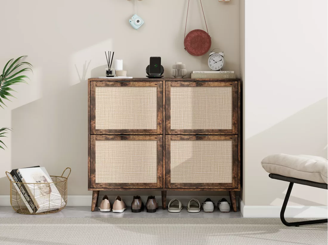 Meuble à chaussures rétro marron à 4 portes, look en rotin, double étagère, 105 cm, avec fond arrière, idéal pour couloir et espaces similaires