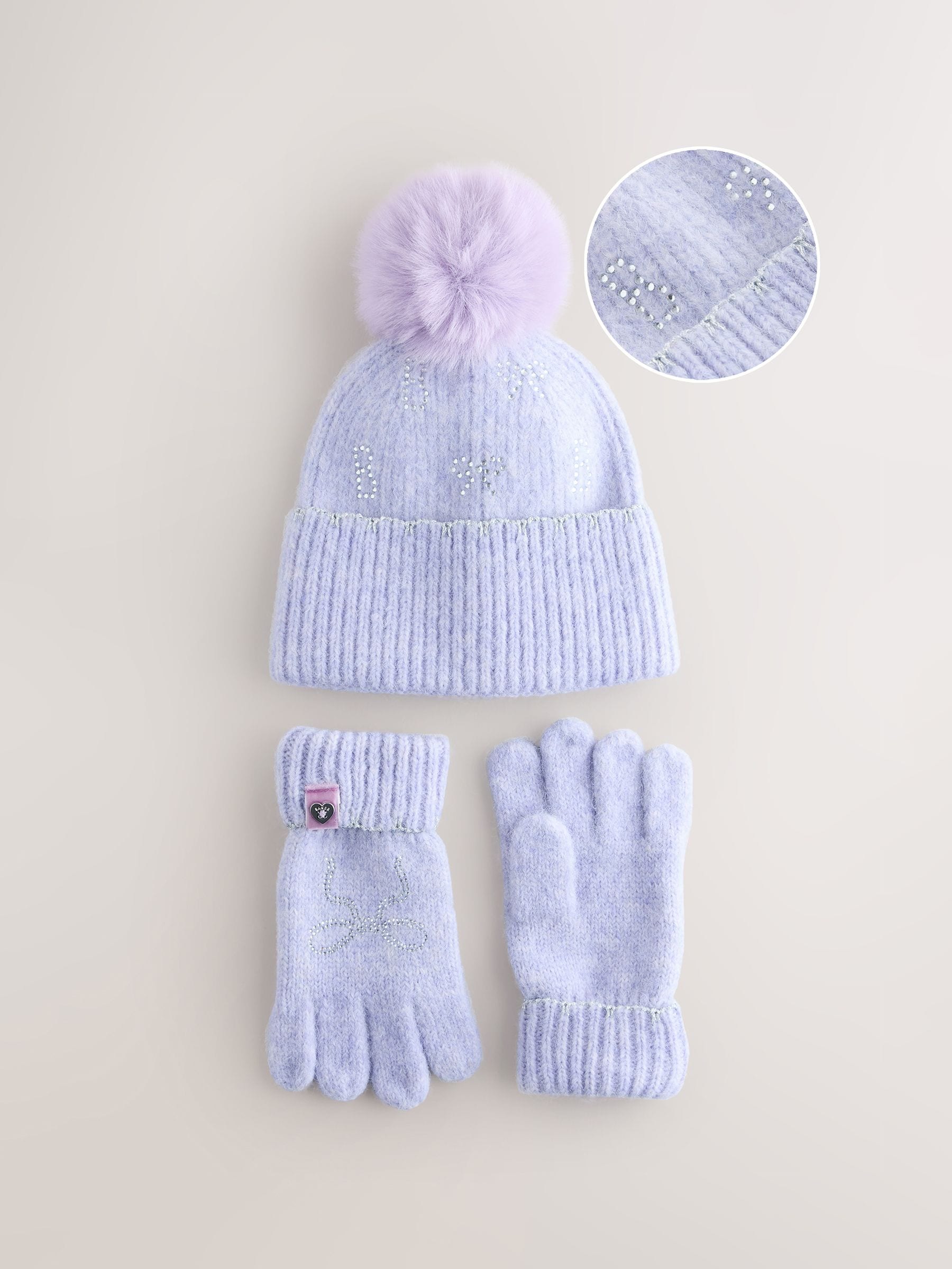 Lila-paars - Baker by Ted Baker - Set van gebreide muts met strik, pompon en handschoenen met siersteentjes voor meisjes