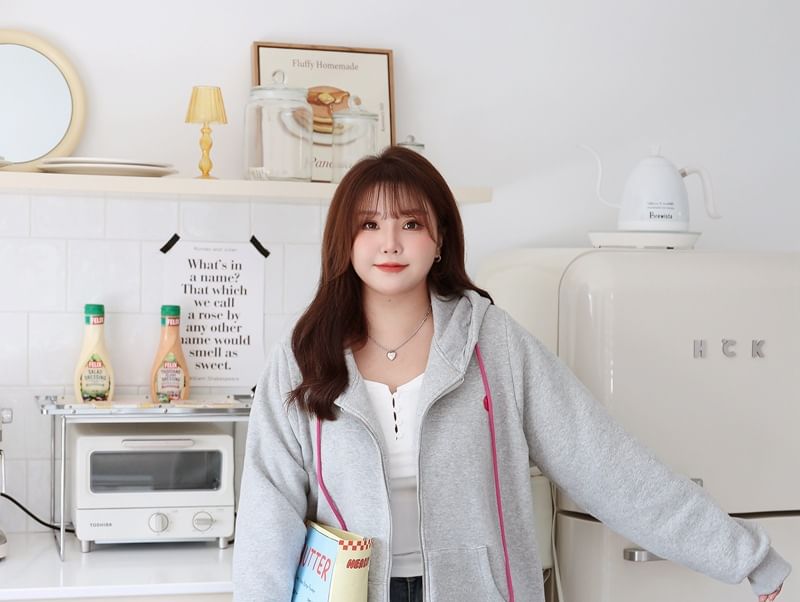Telipino - Plus Size Effen Applicatie Oversized Hoodie met Ritssluiting