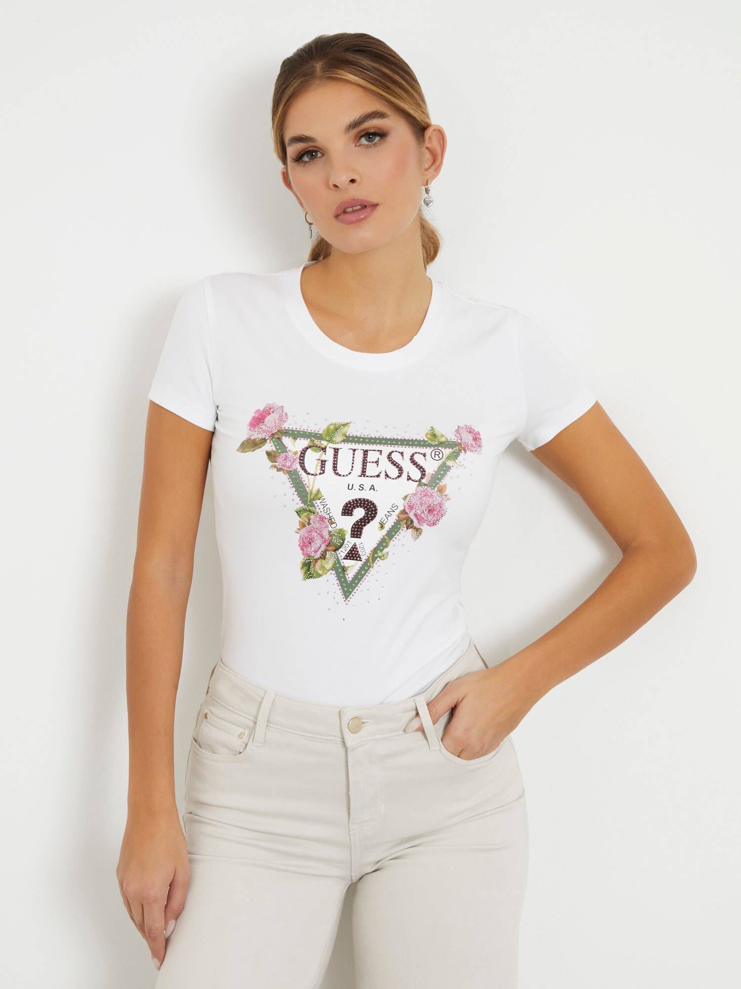 Guess| Damen T-Shirt FLORAL TRIANGLE TEE