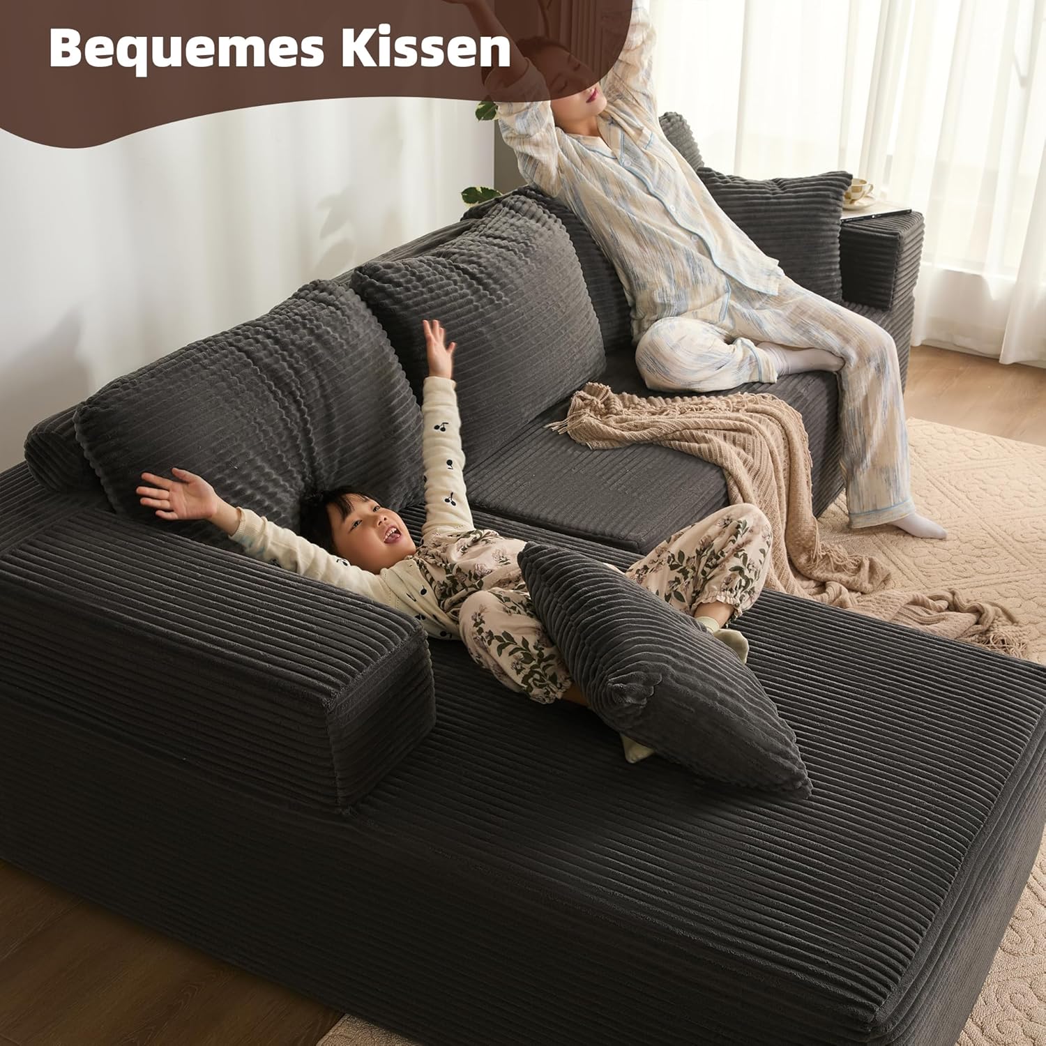 Modulares L-förmiges Ecksofa mit Schlaffunktion – rahmenloses Schlafsofa mit Chaiselongue Links, extra tiefer Sitzfläche, montagefrei, für Wohnzimmer,Grau