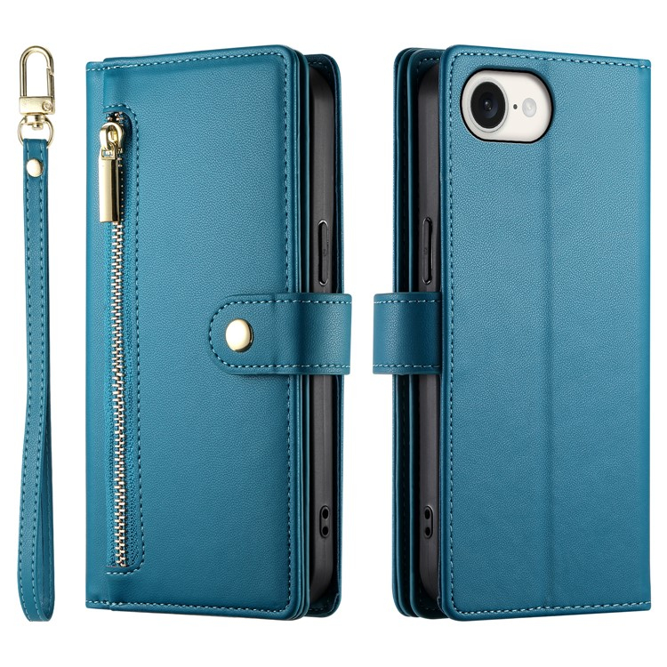 iPhone 16e Leder Tasche Flip Cover mit Reissverschluss   Handschalufe - Blau