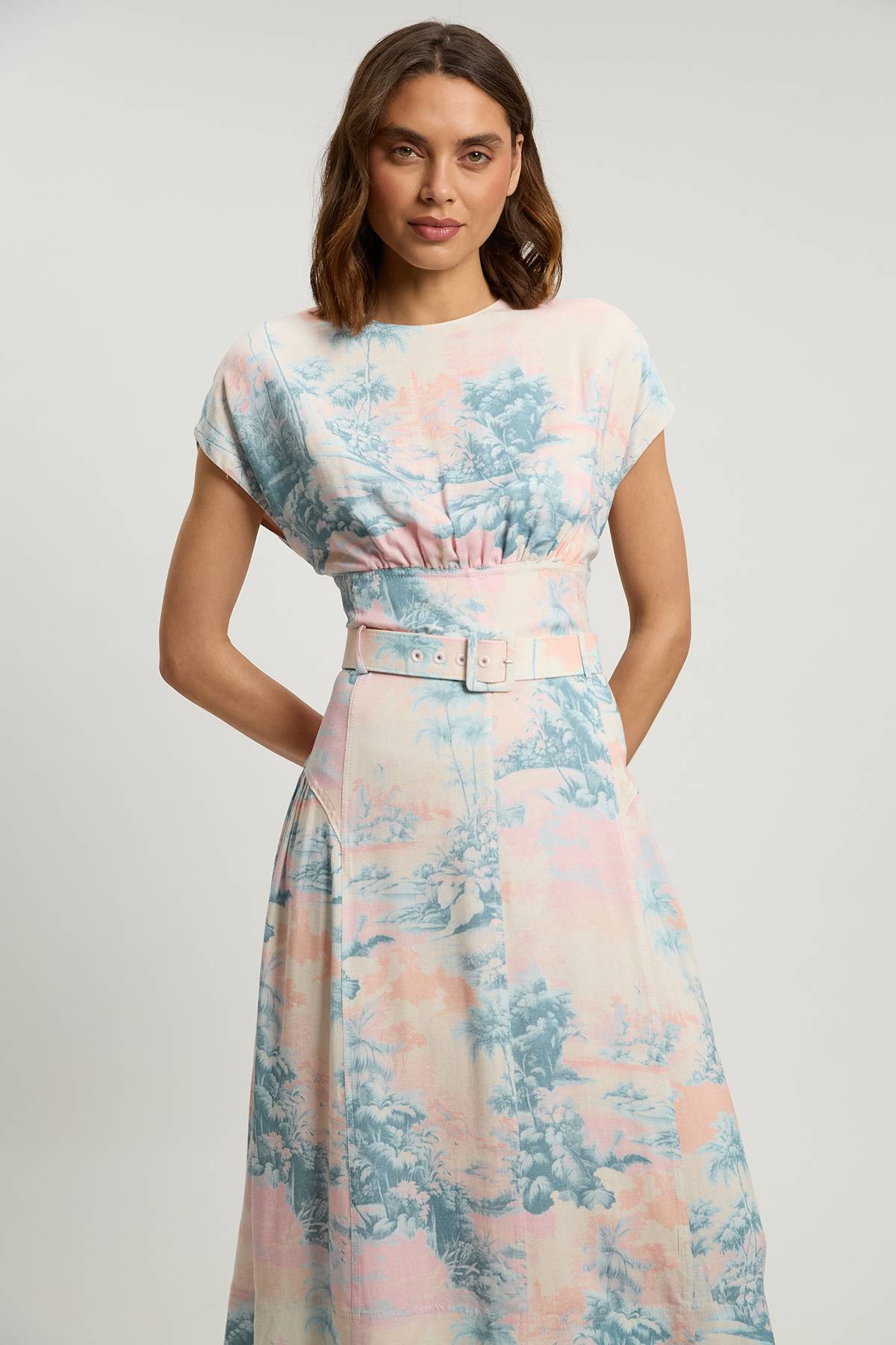 KarenMillen Robe Midi Ceinturée À Imprimé Paysage Et Surpiqûres Contrastées