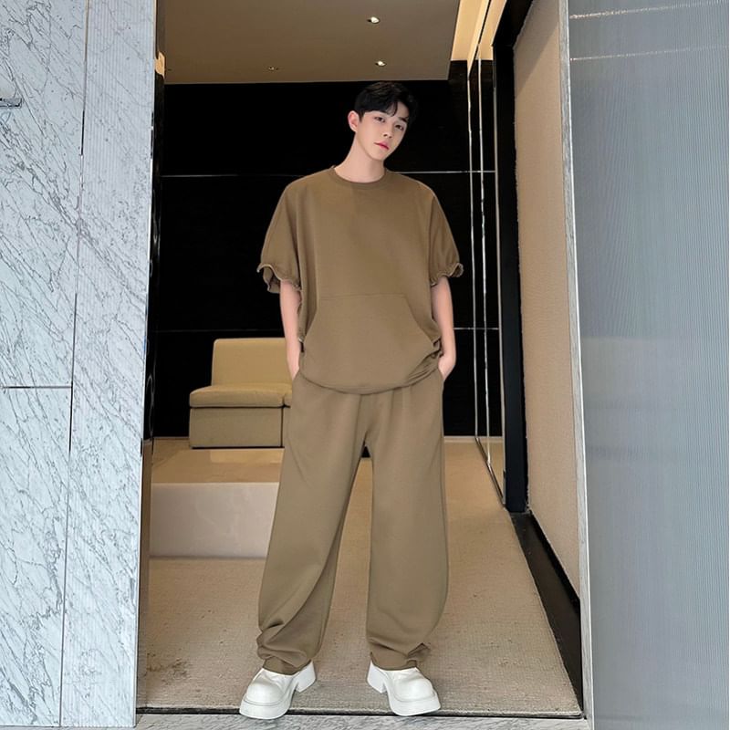 Patow - Set: ronde hals effen crop sweatshirt + wijde broek