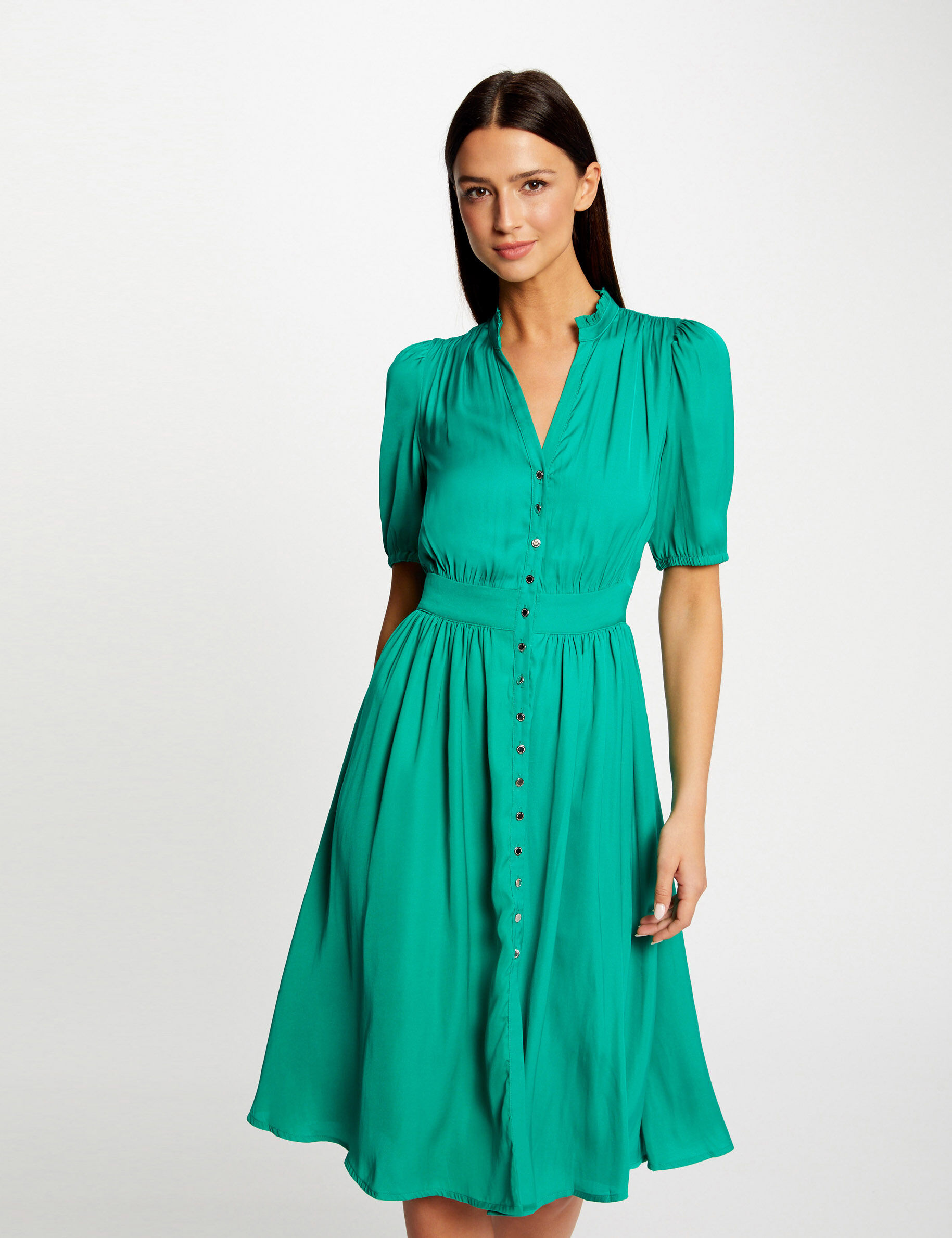 Robe manches 3/4 boutonnée à l\'avant vert moyen femme - vert_moyen