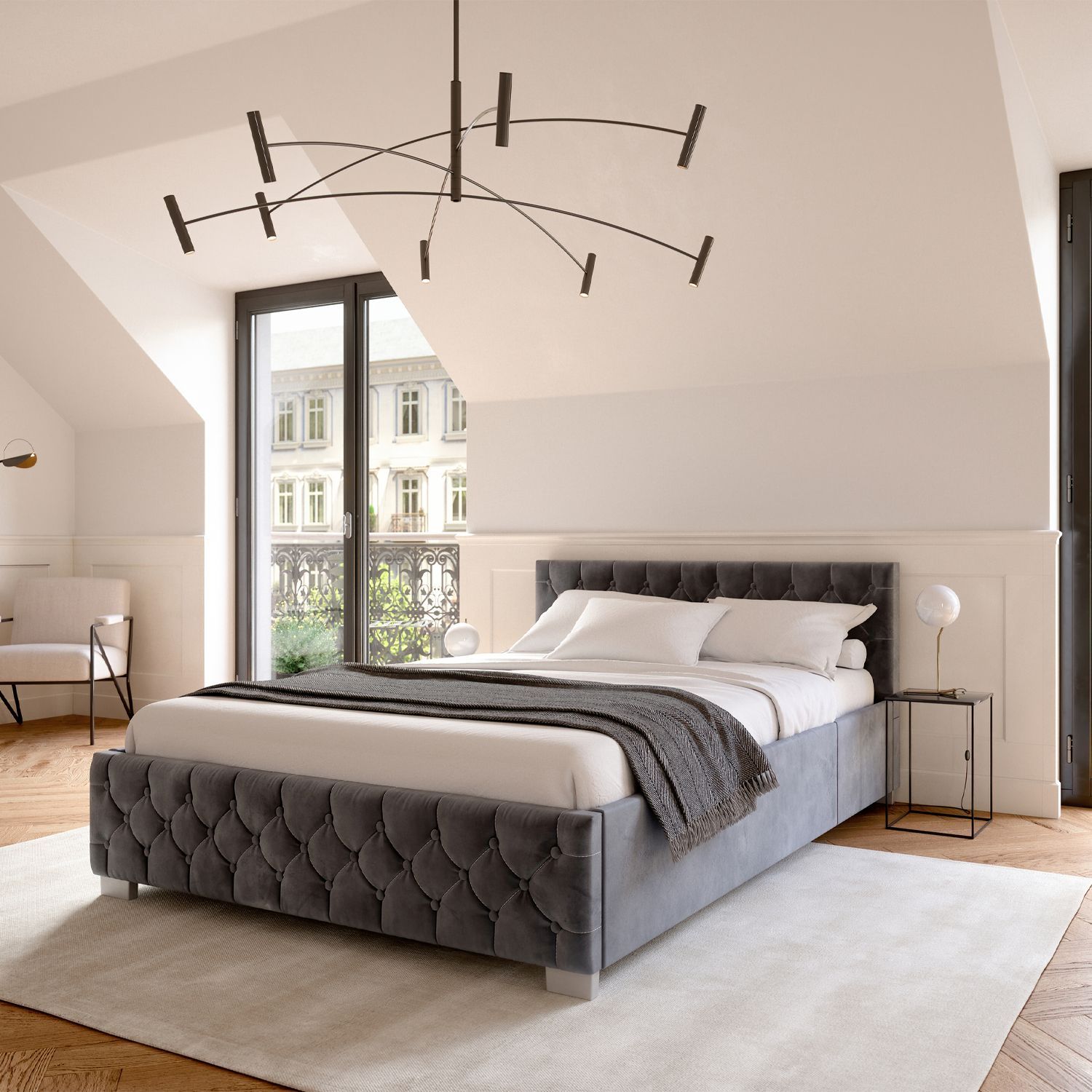 Juskys Polsterbett Nizza 120x200 cm – Matratze, Stauraum & LEDs - Samtbezug mit Steppung - Grau