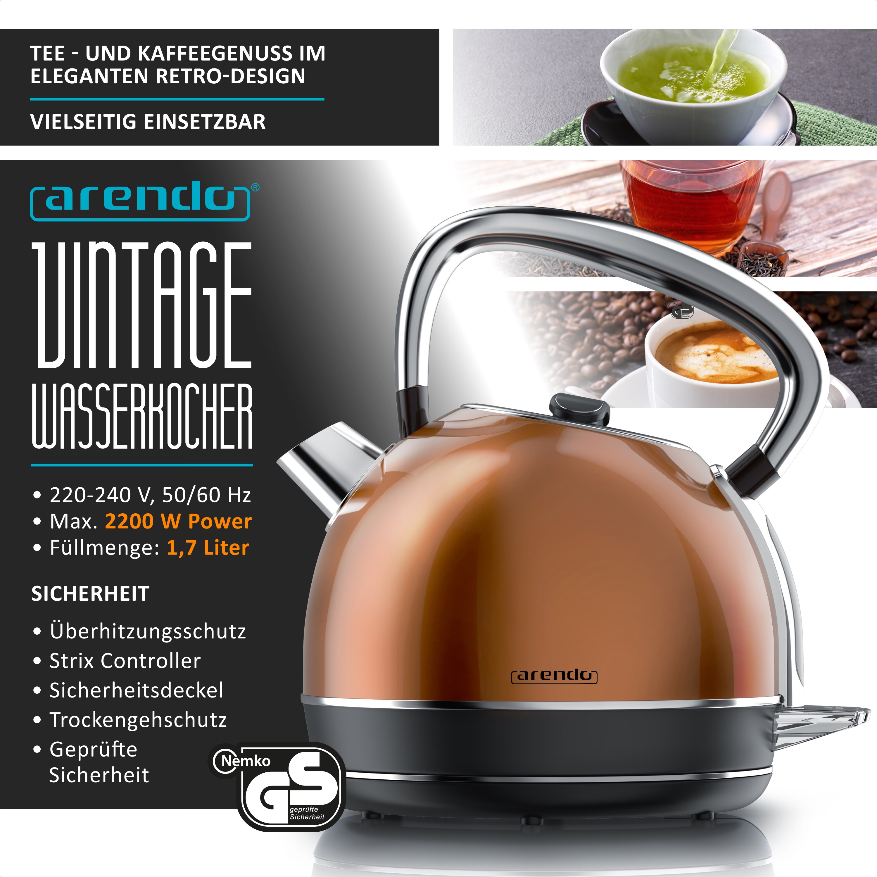 Arendo Wasserkocher mit Temperatureinstellung, 1,7 l, 2200 W, Edelstahl Retro Style Vintage, Überhitzung & Trockenkochschutz, kupfer