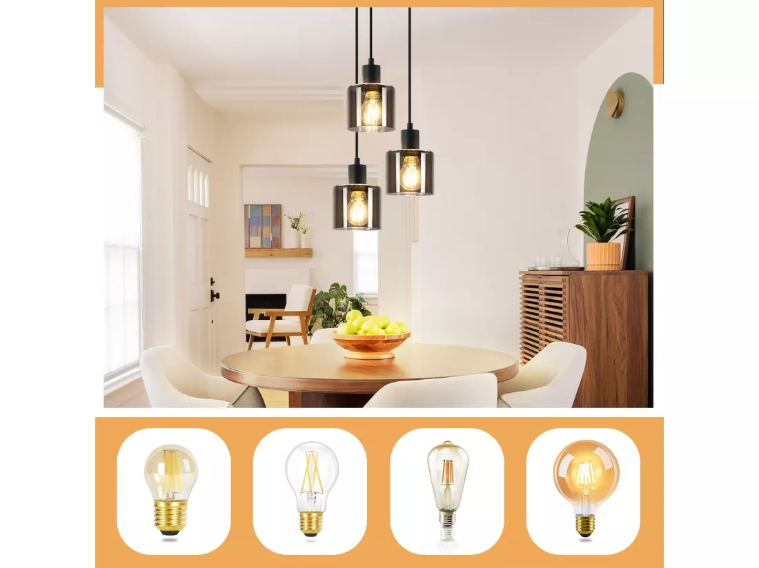 NETTLIFE Suspension Verre Noir Diam.26cm E27 Salon 3 Ampoules Lampe de Salle à Manger Vintage Lampe à Industrielle Réglable en Hauteur