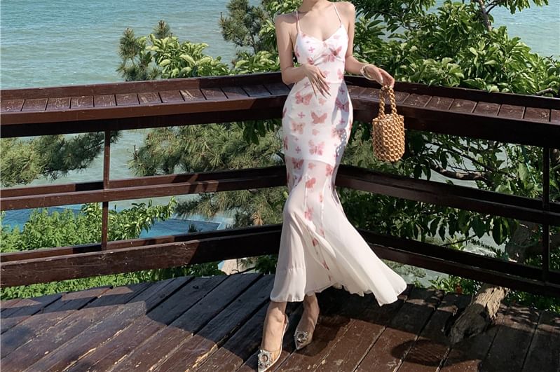 Moanum - Halter vlinderprint veter maxi zeemeerminjurk