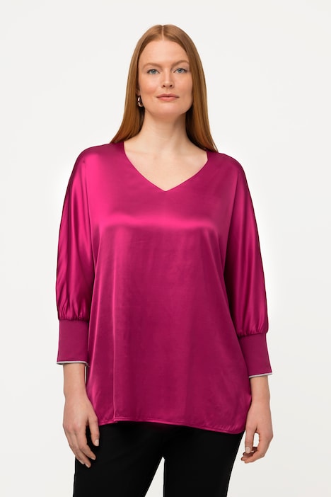 Bluse, Satin, V-Ausschnitt, 3/4-Fledermausärmel