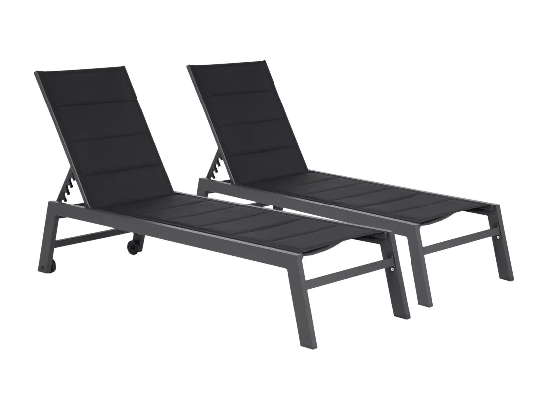 Lot de 2 bains de soleil BARBADOS en textilène noir - aluminium gris anthracite - HAPPY GARDEN