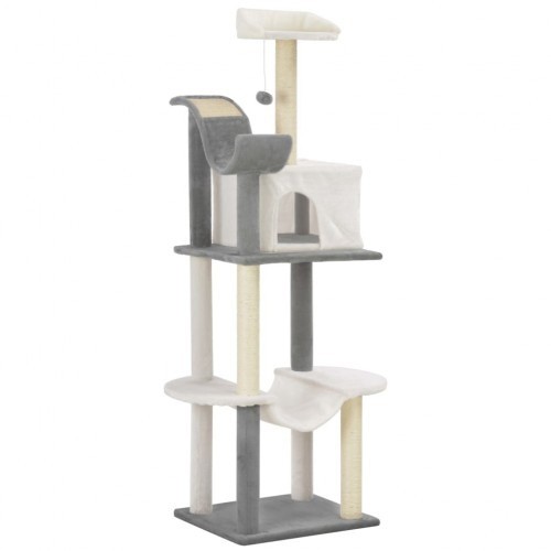Arranhador para gatos, cinza e branco.