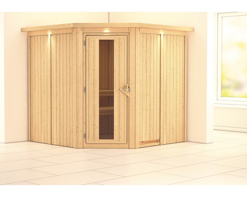Karibu Piemon modulaire sauna zonder oven, met dakrand en houten deur met isolatieglas, thermisch geïsoleerd