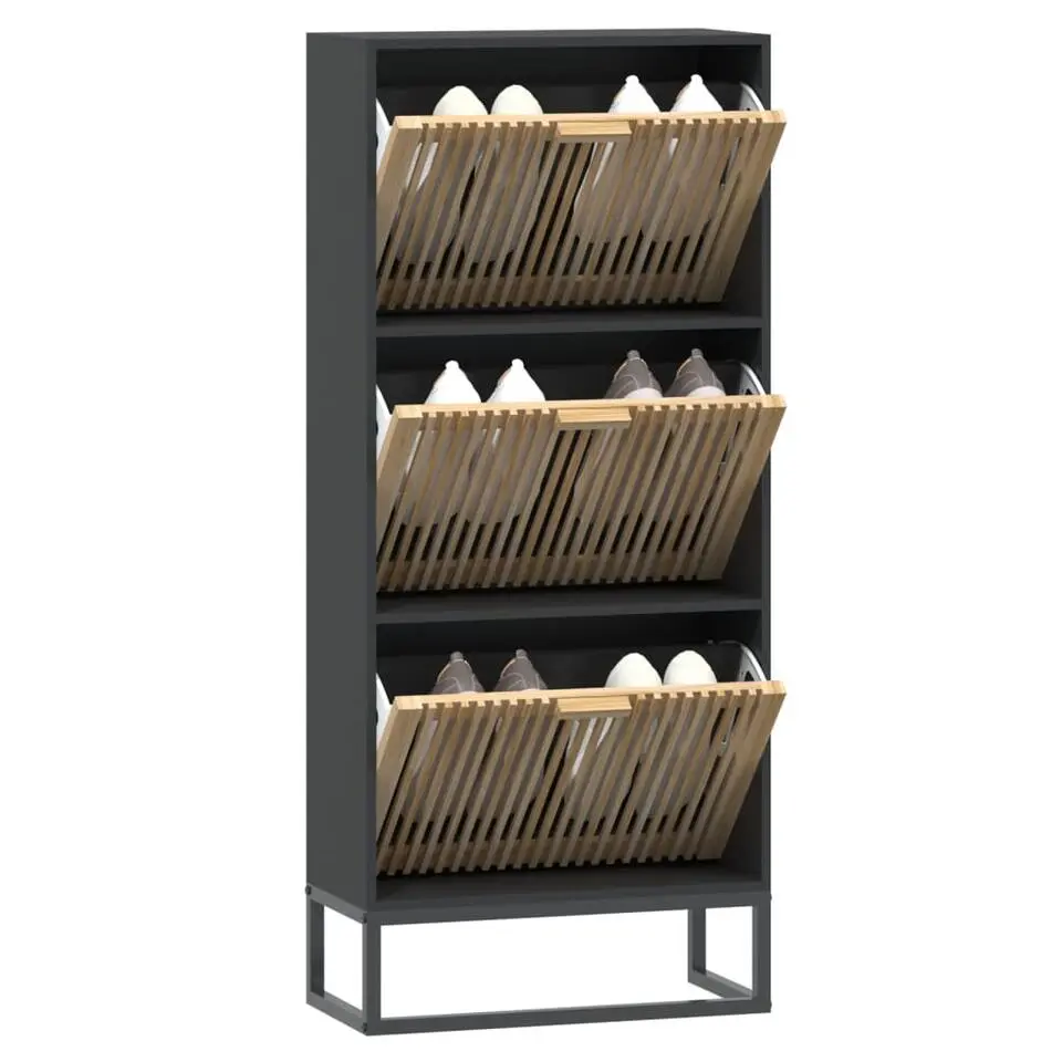 vidaXL - Schoenenkast 6 paar met 3 lameldeur - Zwart - Hout - 52x25x120 cm