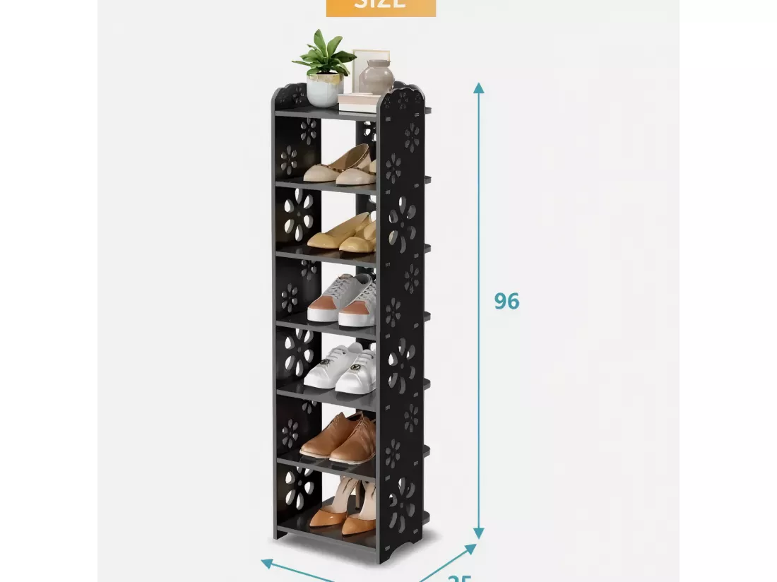 Meuble à Chaussures 7 Niveaux en Bois Plastique,Étagère de Rangement à Chaussures,Motif découpé,Déco 26x25x96CM,Noir