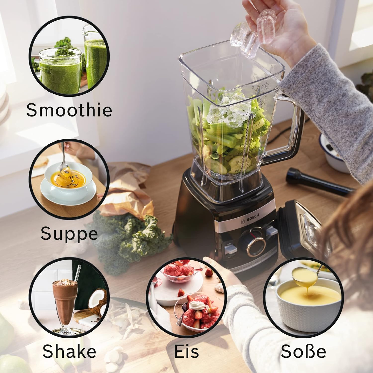 Bosch Standmixer, Hochleistungsmixer, Smoothie Maker, 45,000 U/min, 1600 W, Highspeed, 6-Klingen-Edelstahlmesser, 2,5l Tritan-Mixbehälter, 6 Programme, einfache Reinigung, VitaBoost MMBH6P6BDE