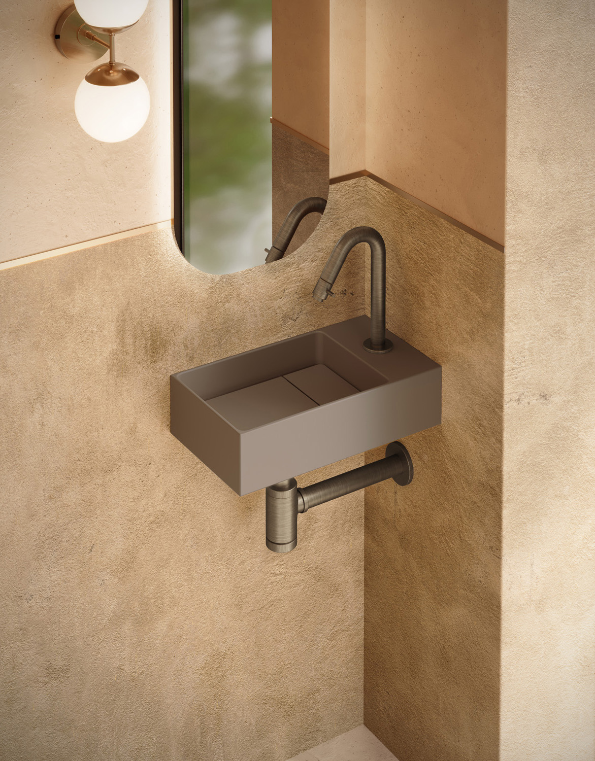 Saniclear Itsie fonteinset mat taupe met gebogen kraan in verouderd messing