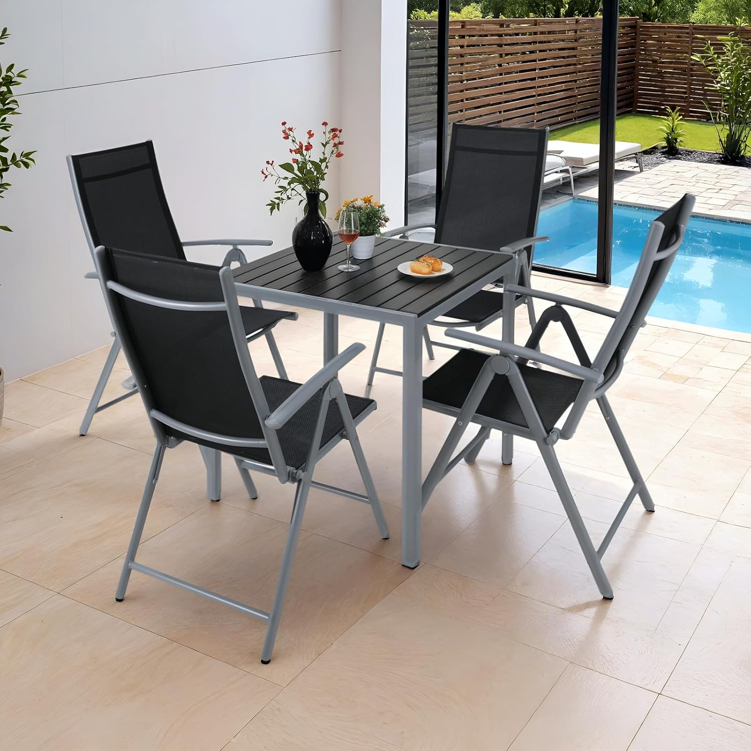Clevich Gartentisch Wetterfeste, 75x75cm, Outdoor-Esstisch, WPC-Balkontisch, Aluminiumrahmen, Wetterfeste Gartenmöbel, quadratischer Terrassentisch, Silber Grau