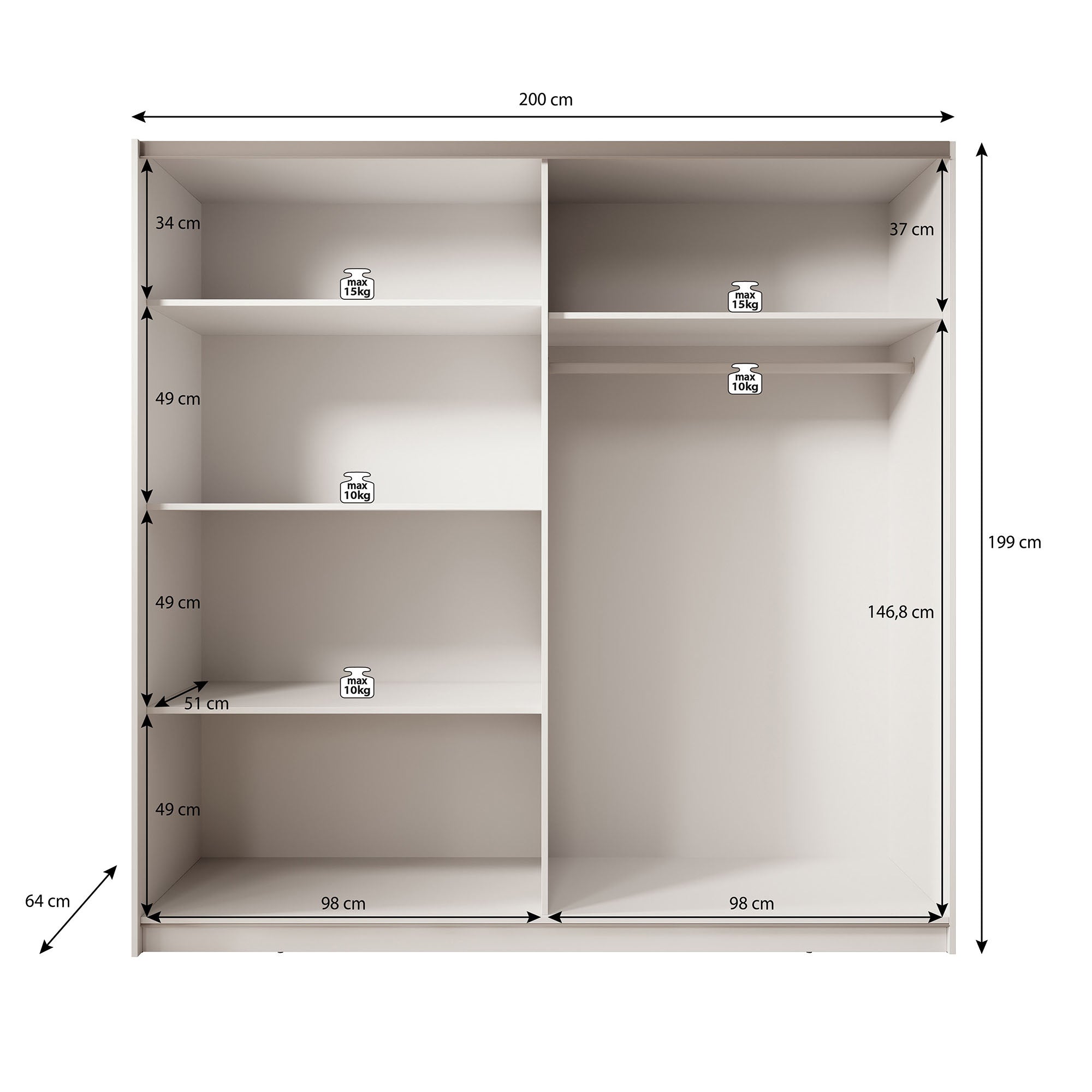 Meubella - Kledingkast Boets - Wit - Eiken - 200 cm - Met spiegel