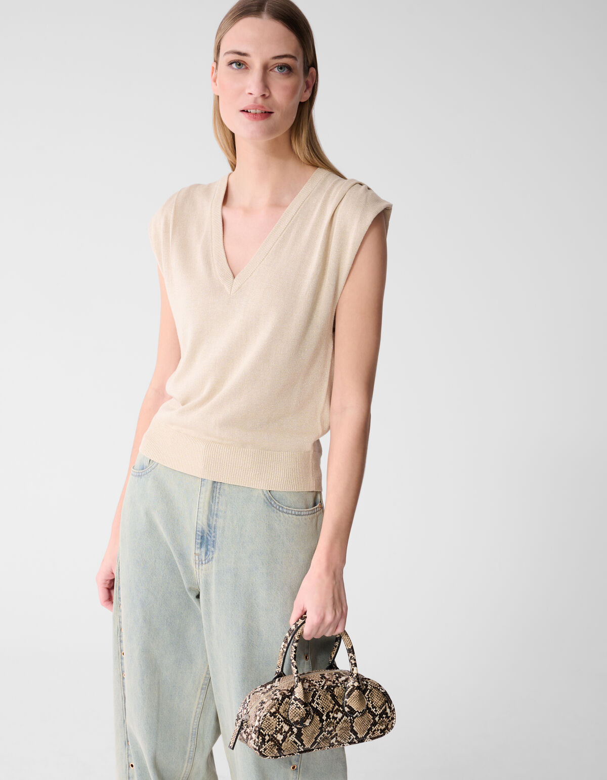 Glitter V-Neck Top Zand