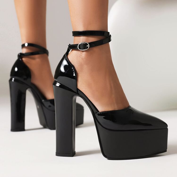 Freesia - Puntige neus, plateau enkelband D'Orsay blokhak pumps
