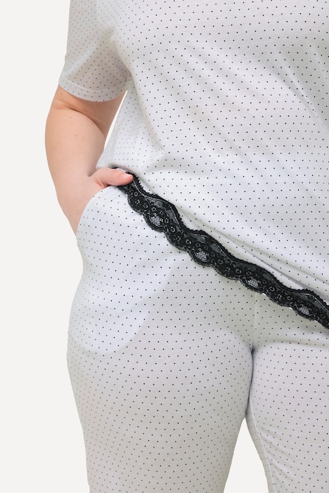 Pyjama, Punkte, Spitze, V-Ausschnitt, Halbarm