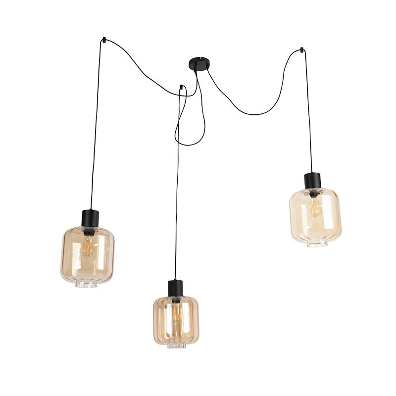 Design hanglamp zwart met amber glas 3-lichts 226 cm - Qara