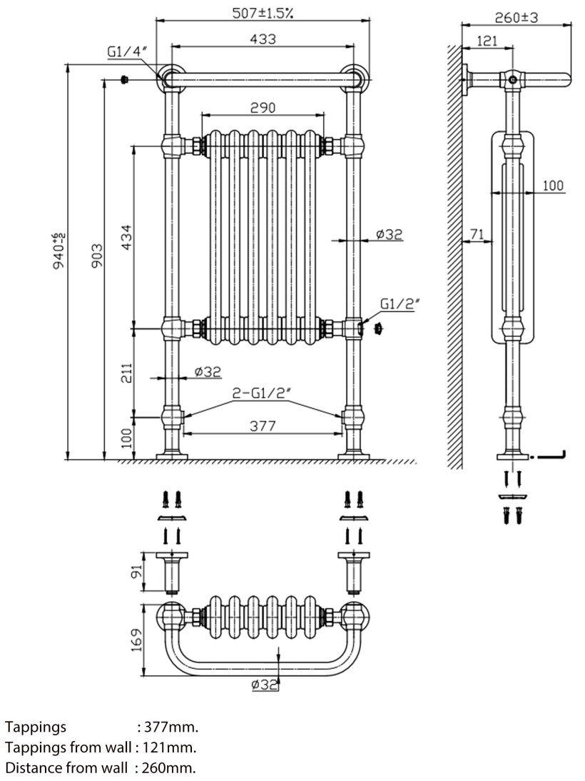 Eastbrook Isbourne klassieke radiator 50x95cm 648W chroom/zwart