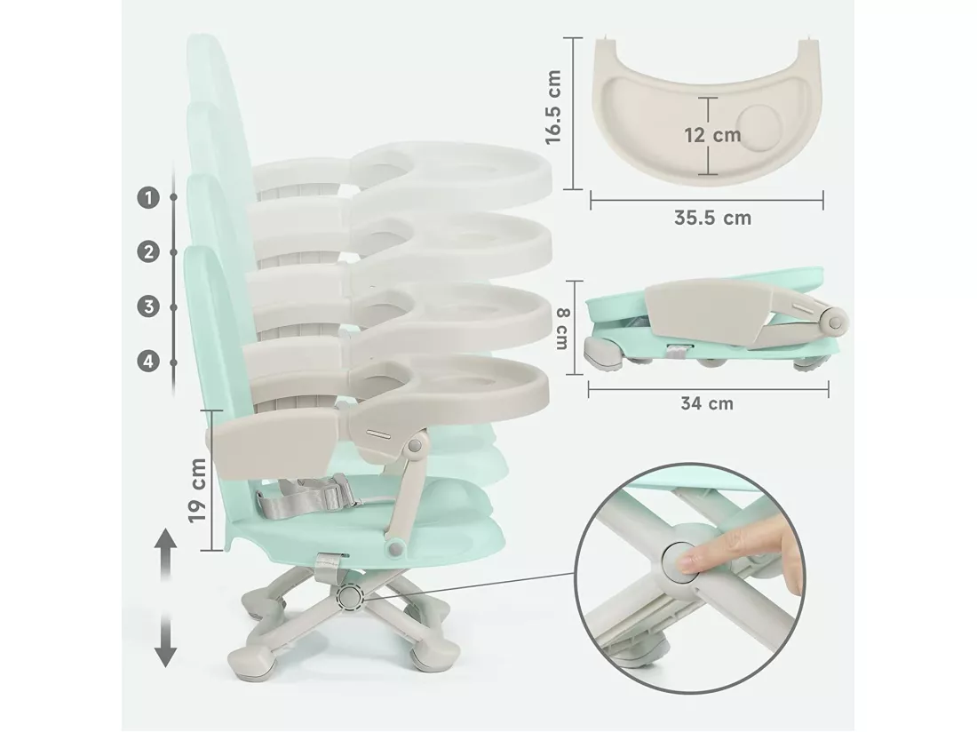 Chaise Enfant Pliable, Chaise Haute Bébé Portable, Rehausseur Siège Bébé, Chaise Repas en Hauteur Réglable, Plateau Amovible, 6 mois à 3 ans, Vert