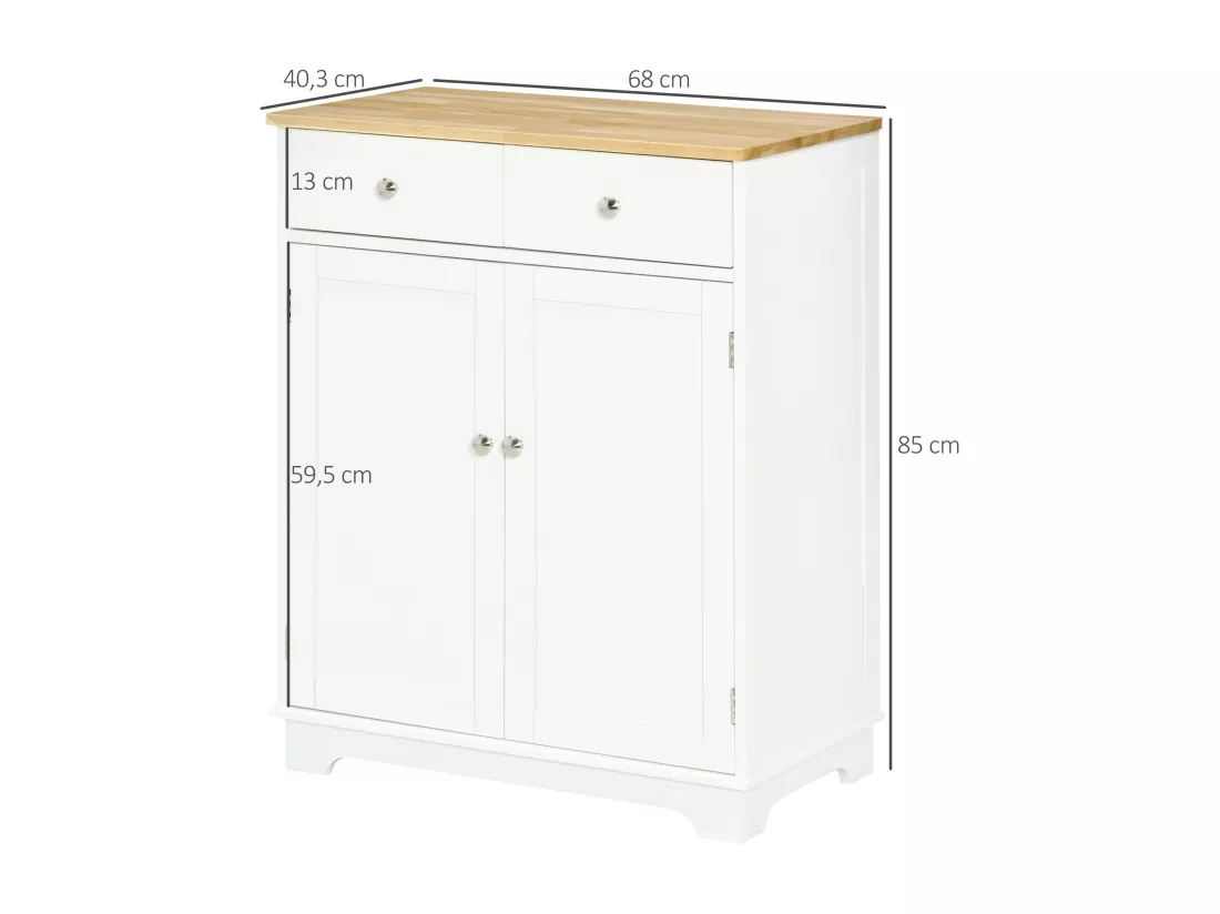 Buffet multi-rangement 2 portes avec étagère réglable 2 tiroirs coulissants MDF plateau bois d'hévéa