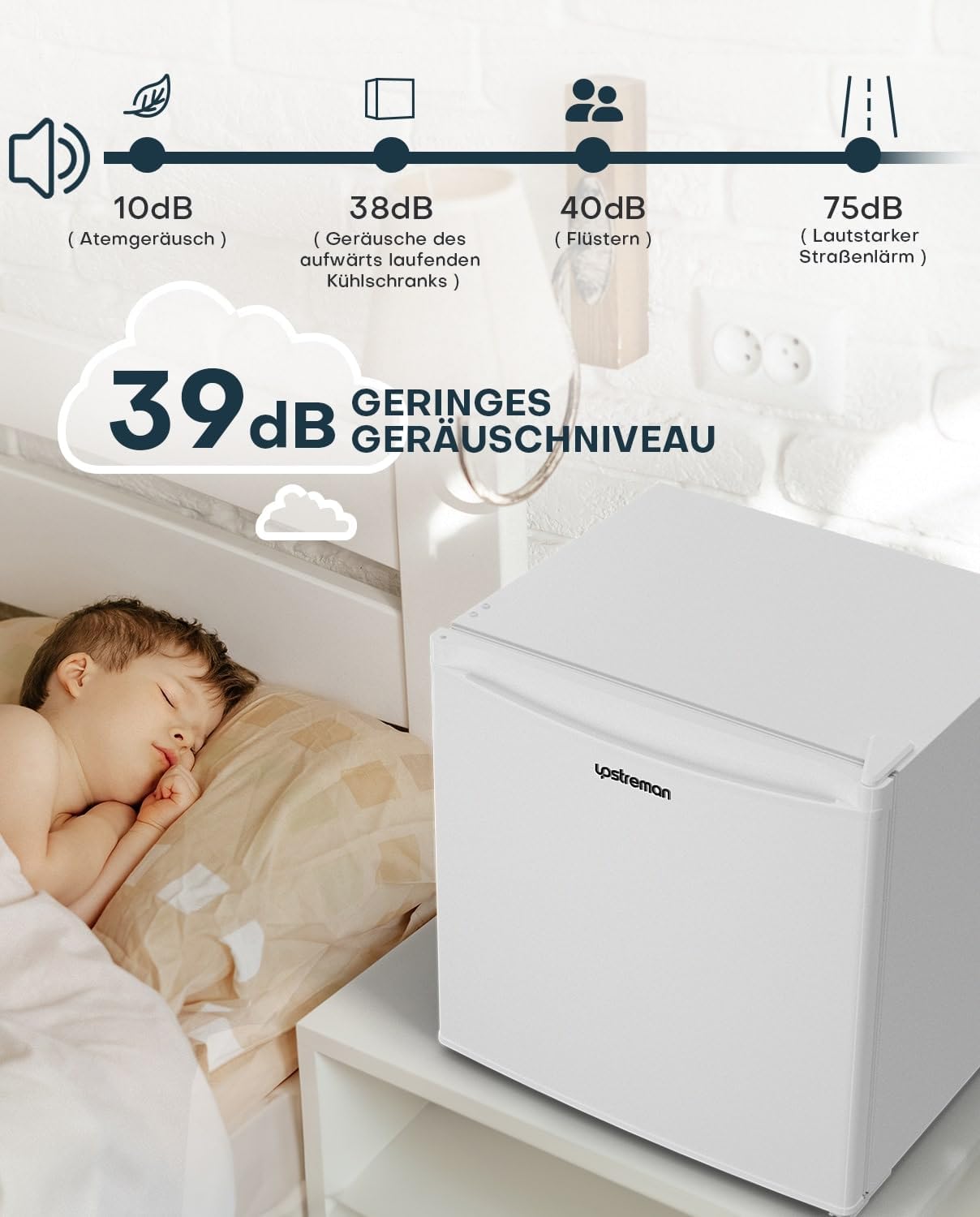 Upstreman 46L Mini-Kühlschrank mit Gefrierfach, einstellbarem Thermostat, energiesparend, geräuscharm, eintüriger Kompaktkühlschrank für Wohnheim, Büro, Schlafzimmer, Weiß-FR17