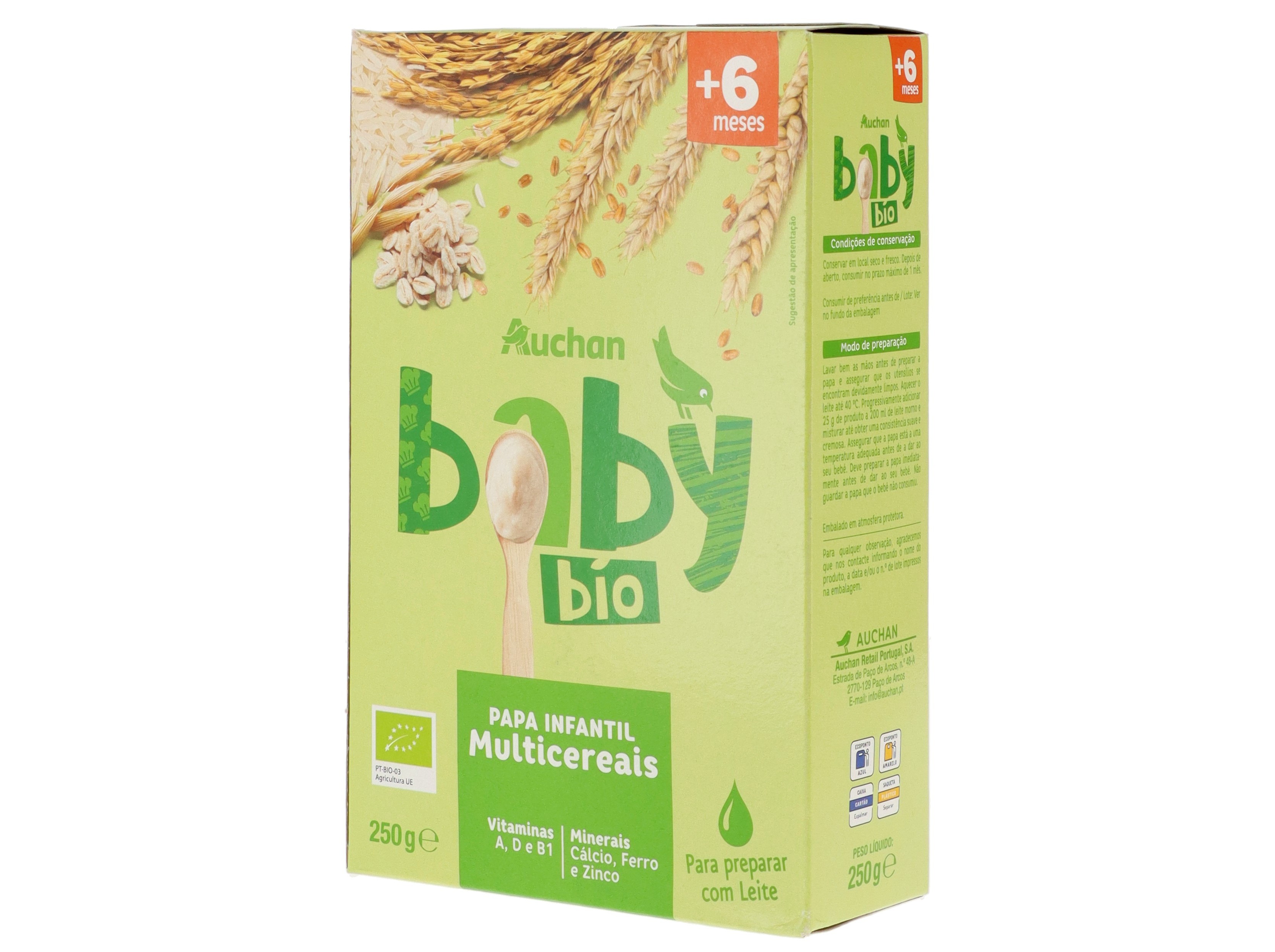 PAPA INFANTIL AUCHAN BABY BIO NÃO LÁCTEA MULTICEREAIS 250G