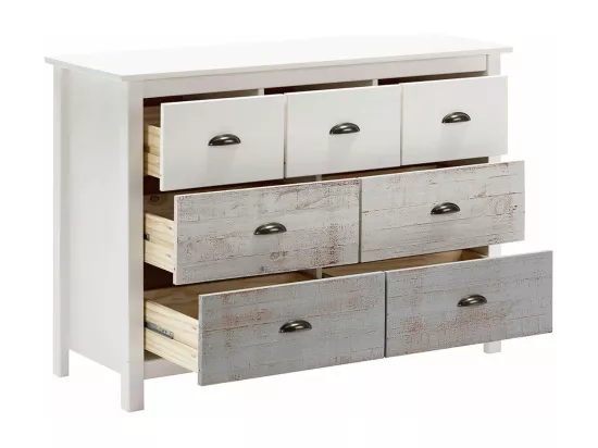 ROSALIA - Commode 7 Tiroirs Bois Aspect Vieilli Blanc et Grisé