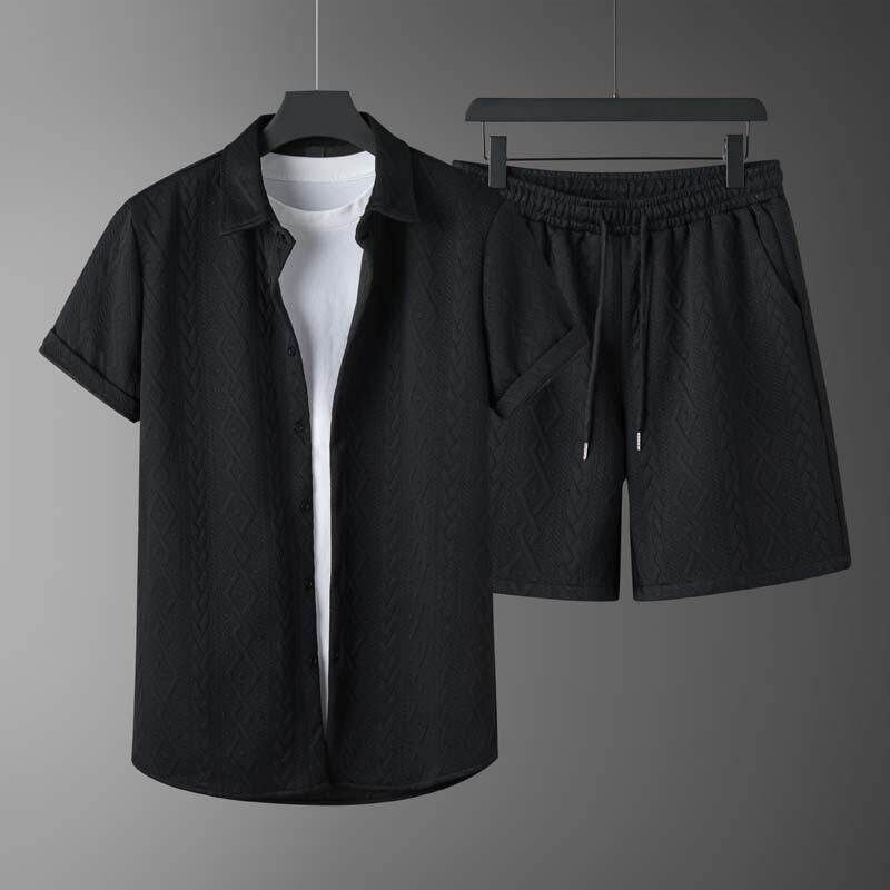 FORSETI - Set: Kortmouw, effen kabelgebreid overhemd met kraag + Effen shorts met trekkoord in de taille