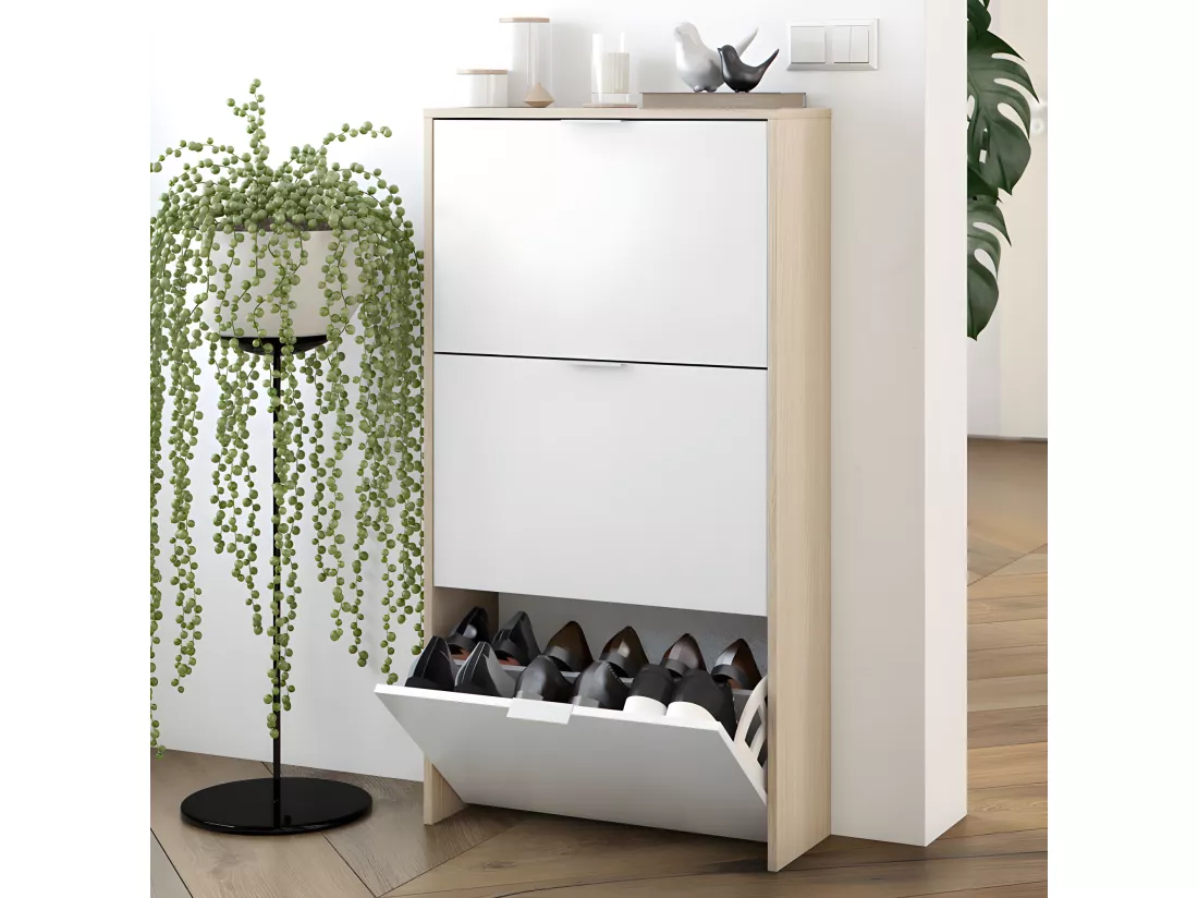 Meuble à chaussures Chêne/Blanc brillant - TIARALA - L 60 x l 22 x H 113 cm