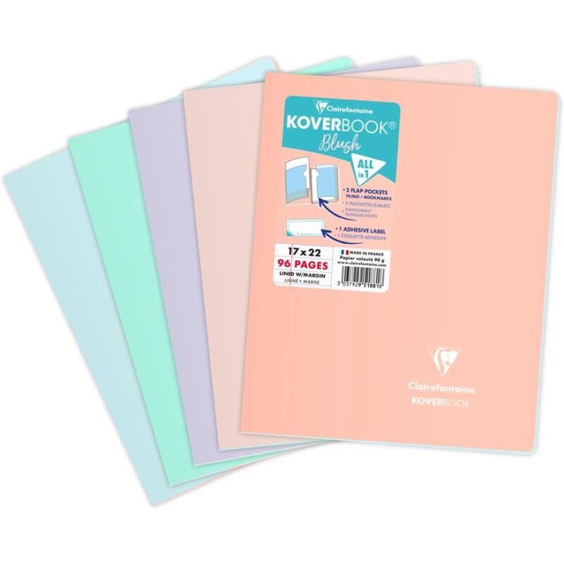 Cahier piqué Koverbook Blush 17x22cm 96 pages ligné + marge couverture polypropylène opaque Couleur aléatoire - Assortis
