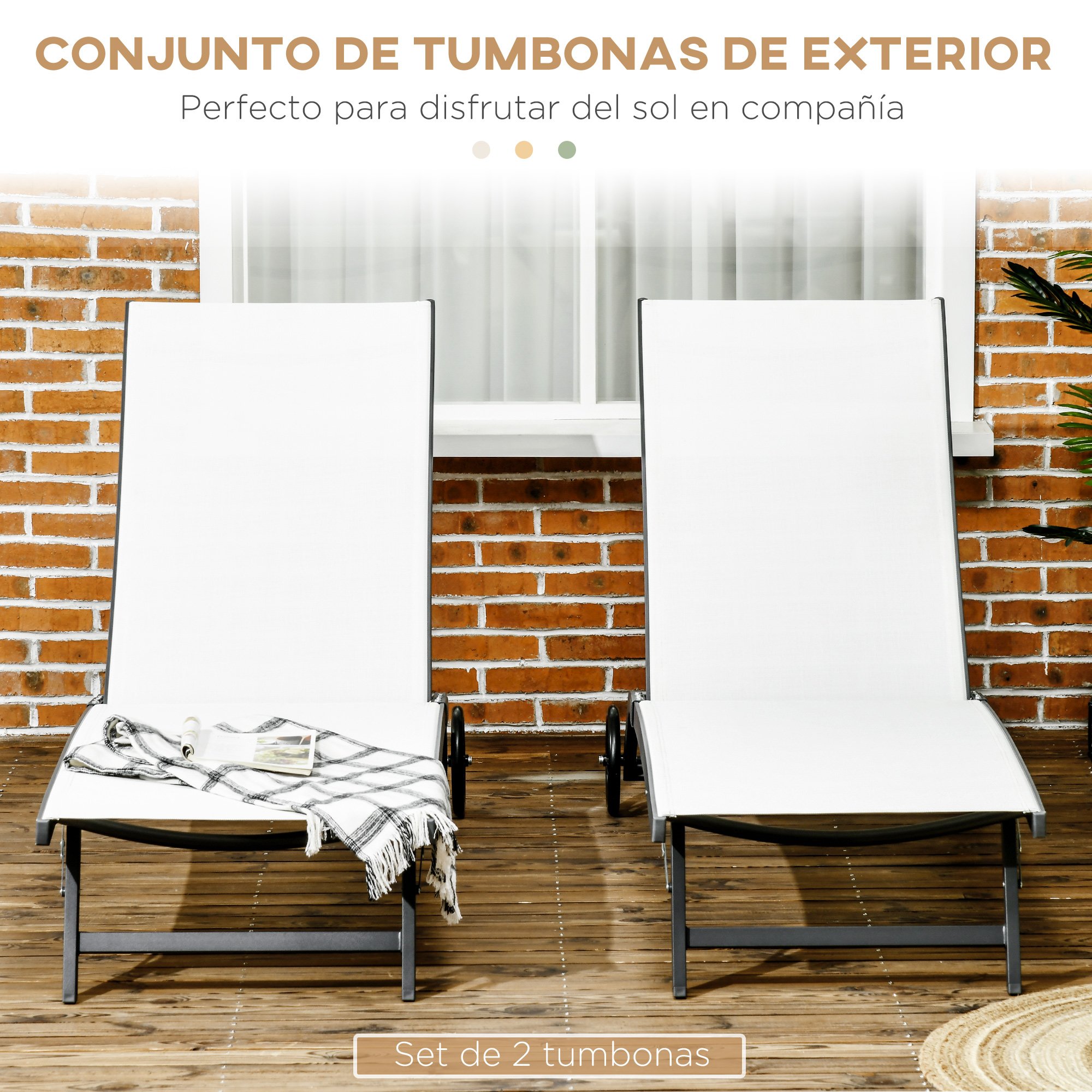 Conjunto de 2 espreguiçadeiras reclináveis Outsunny para jardim, cadeiras de alumínio para exterior com encosto ajustável em 5 níveis e rodas para praia e piscina, 165x66x102 cm, creme.