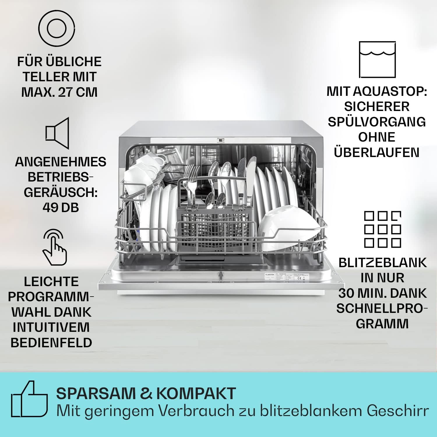 Klarstein Amazonia 6, Tischgeschirrspüler A+ 1380 W, 6 Maßgedecke, Silber grau