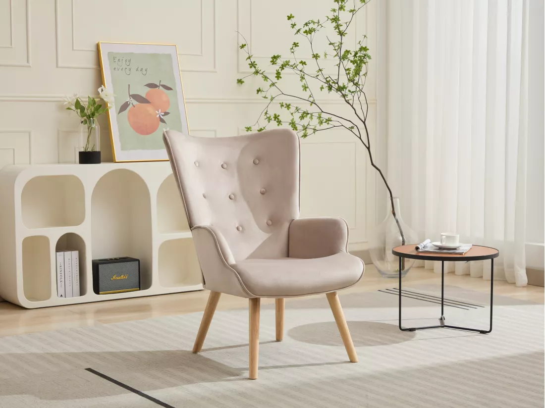 Fauteuil en velours beige VATELY