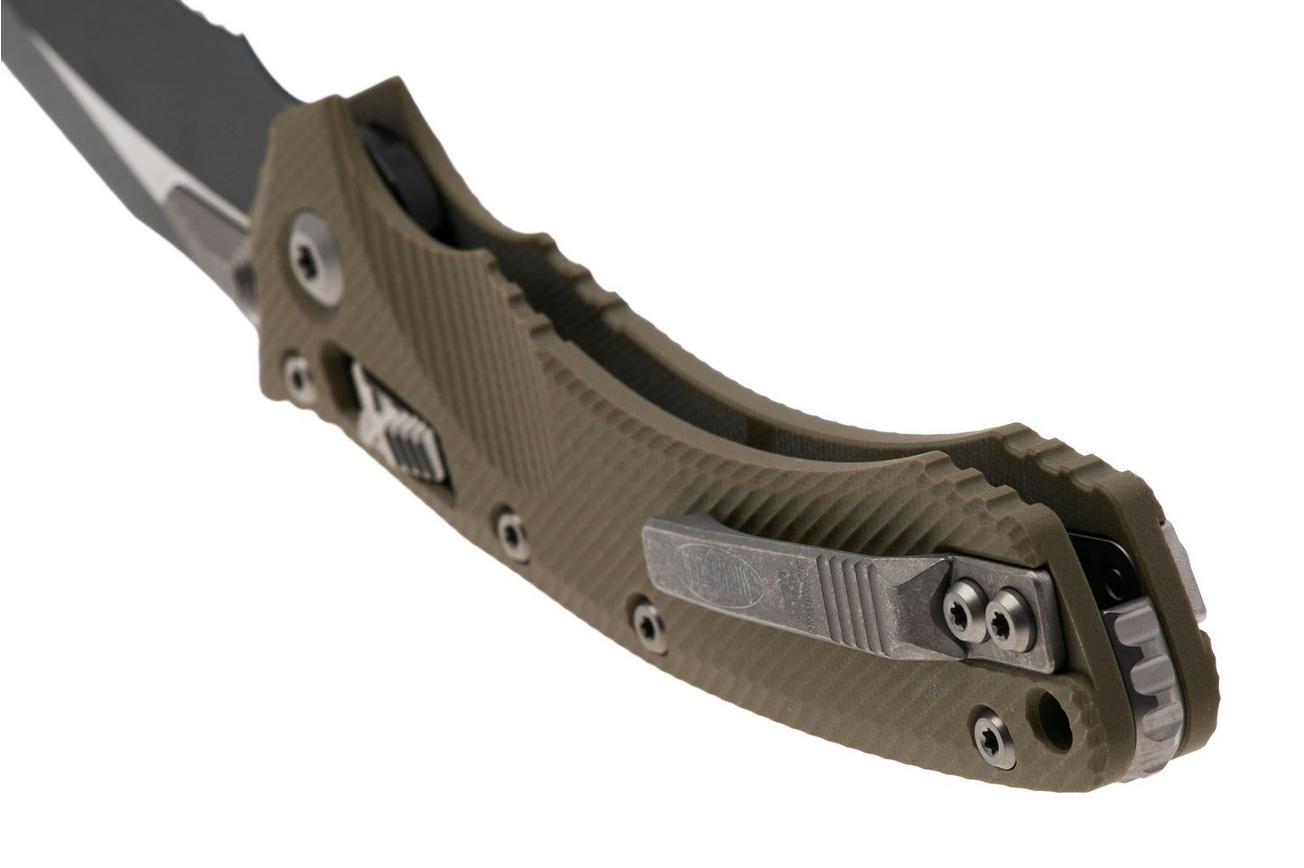 Microtech Amphibian 137RL-2FLGTOD, Two Tone Black M390MK, Fluted OD-Green G10, partly serrated zakmes
