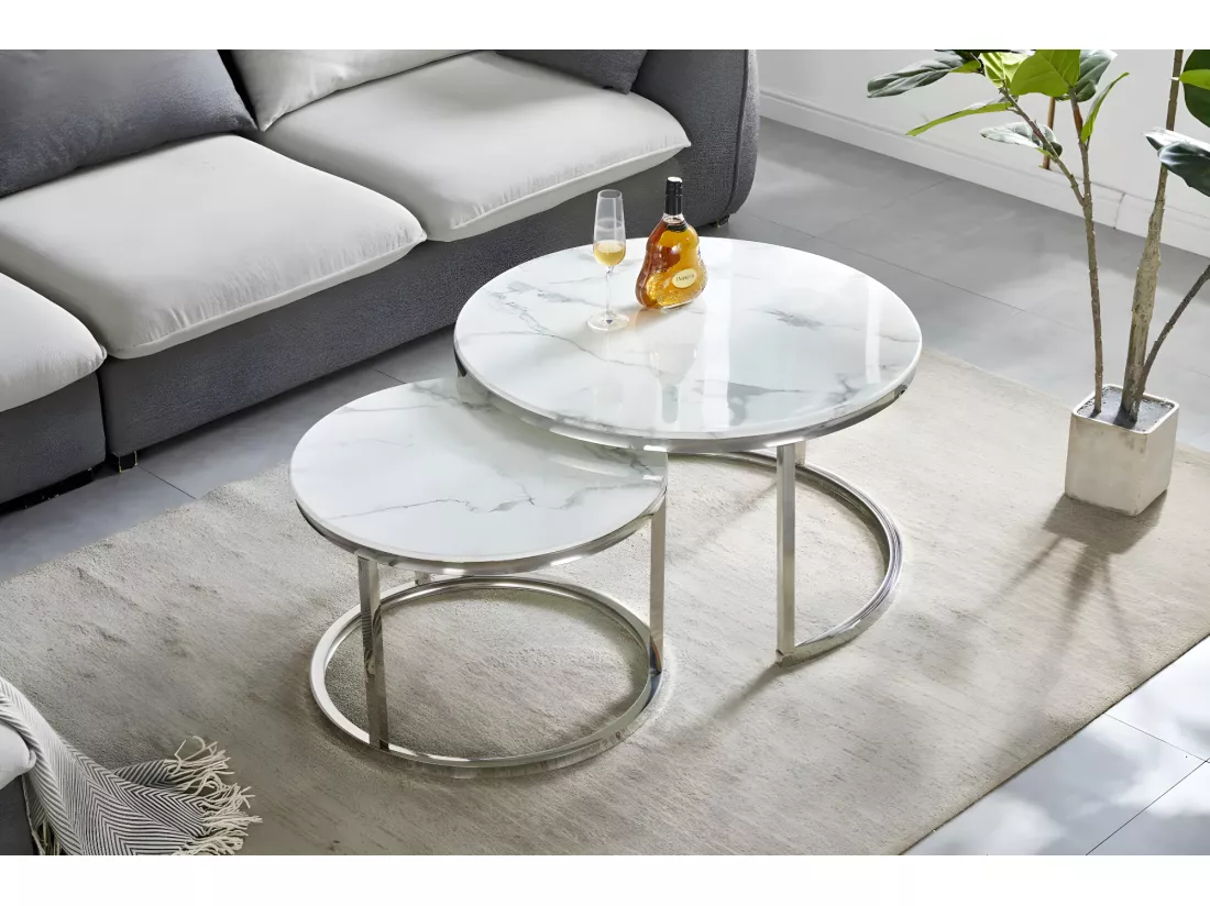 TABLE BASSE GIGOGNE CHROME VERRE MARBRE BLANC
