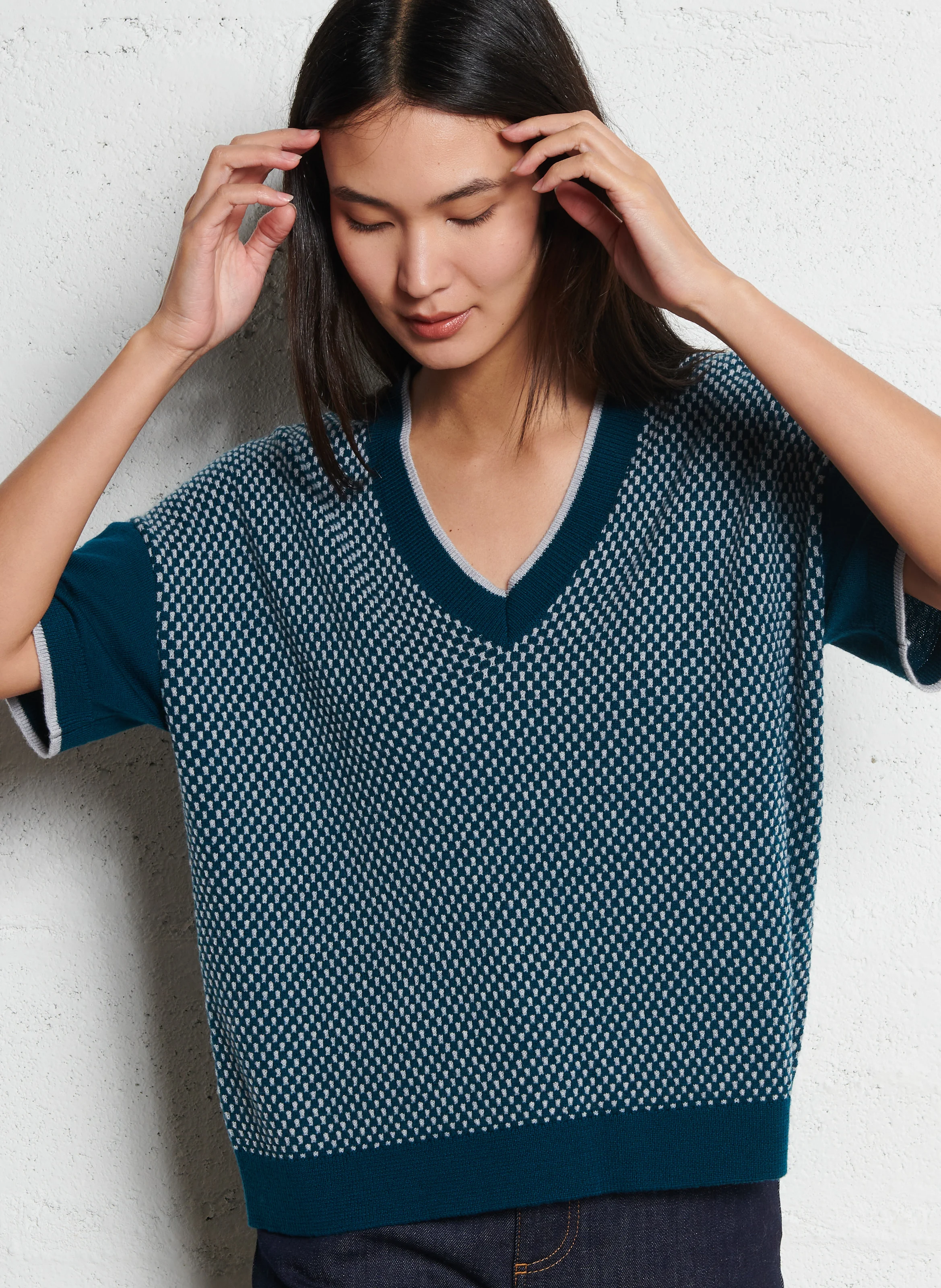 LOLITA - Pull manches courtes brodé en laine mérinos | Vert