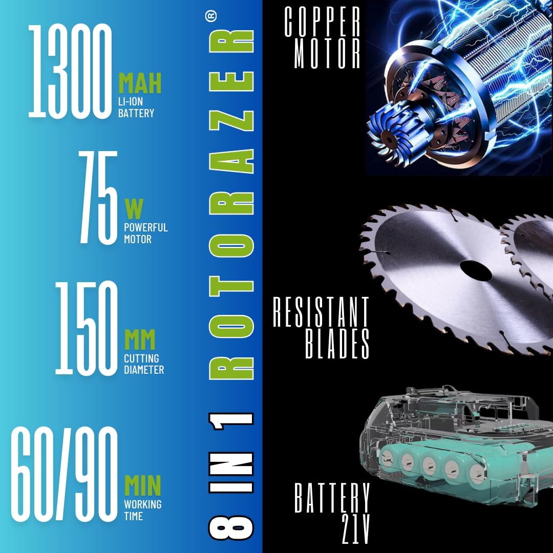 ROTORAZER 8 IN 1 Elektrische Motorsense, 2 Batterien 21V, Kantenschneider, Heckenschere, Rasenmäher, Verschiedenes Zubehör, 90° schwenkbarer Kopf (Mower+2Bat+3Blades)