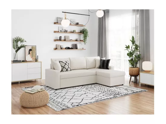 Canapé d'angle 3 places convertible et réversible Maria en velours côtelé fin avec coffre - Blanc - L227 x P146 x H81cm - Loungitude