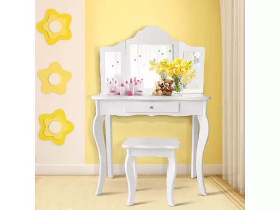 Coiffeuse Enfant Rose avec Tabouret, Table de Maquillage avec Miroir à Trois Panneaux et Tiroir, 70 x 34 x 103 CM, Blanc